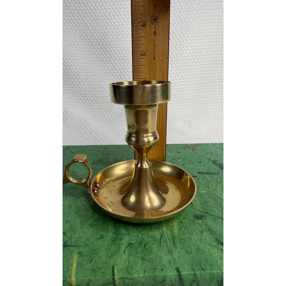 Vintage Solid Brass Chamberstick Candle Holder Gold Colonial Style Finger Loop